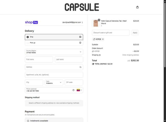 Capsule NYC checkout page showing Capsule NYC promo code box | Screenshot taken by SimplyCodes community member on Aug 23, 2025