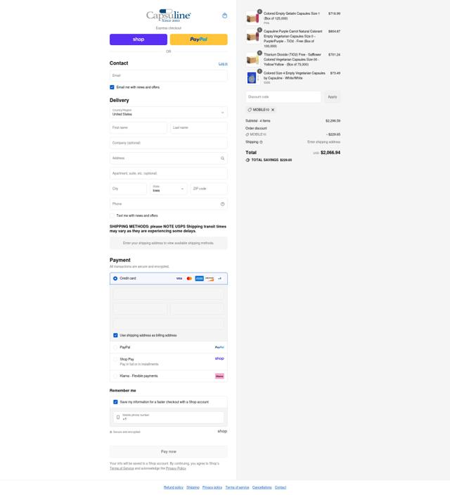 Capsuline checkout page showing Capsuline discount code box | Screenshot taken by SimplyCodes community member on Sep 6, 2025