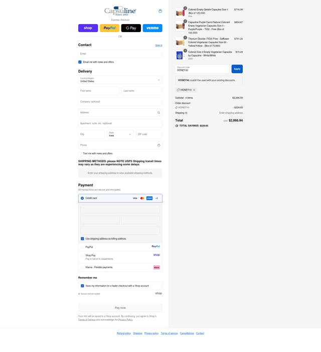 Capsuline checkout page showing Capsuline discount code box | Screenshot taken by SimplyCodes community member on Sep 10, 2025