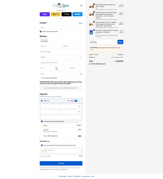 Capsuline checkout page showing Capsuline discount code box | Screenshot taken by SimplyCodes community member on Sep 10, 2025