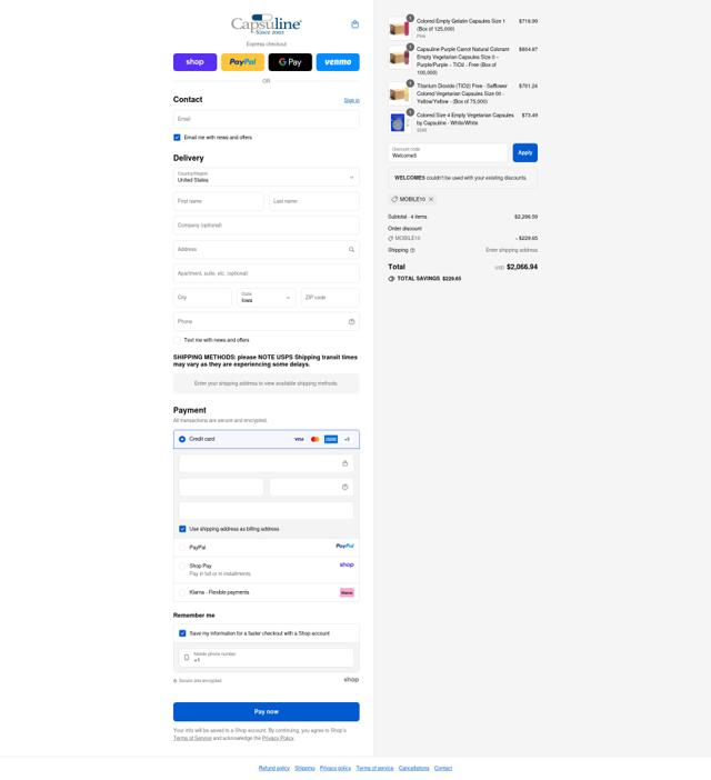 Capsuline checkout page showing Capsuline discount code box | Screenshot taken by SimplyCodes community member on Sep 10, 2025