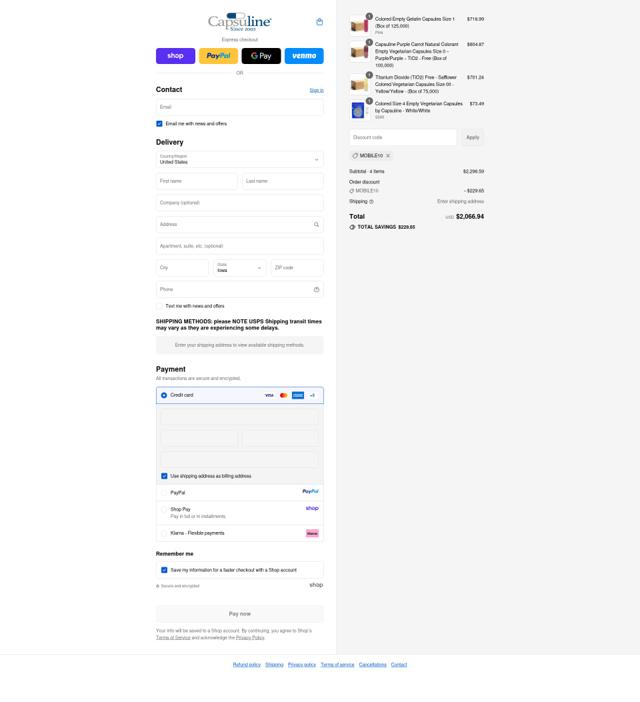 Capsuline checkout page showing Capsuline discount code box | Screenshot taken by SimplyCodes community member on Sep 10, 2025