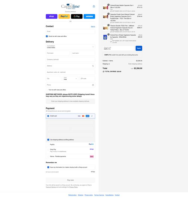 Capsuline checkout page showing Capsuline discount code box | Screenshot taken by SimplyCodes community member on Sep 10, 2025
