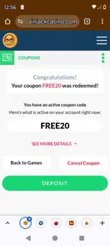 Captain Jack Casino coupon verification screenshot