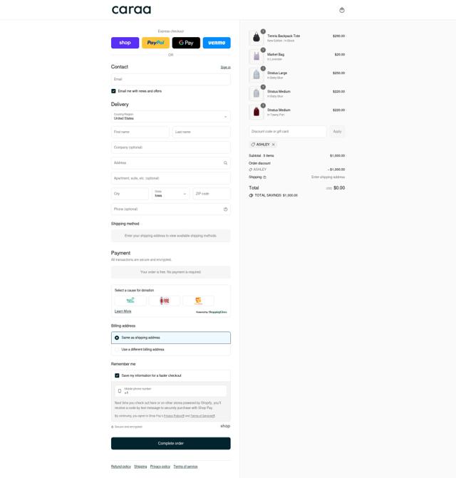 Caraa checkout page showing Caraa discount code box | Screenshot taken by SimplyCodes community member on Sep 12, 2025
