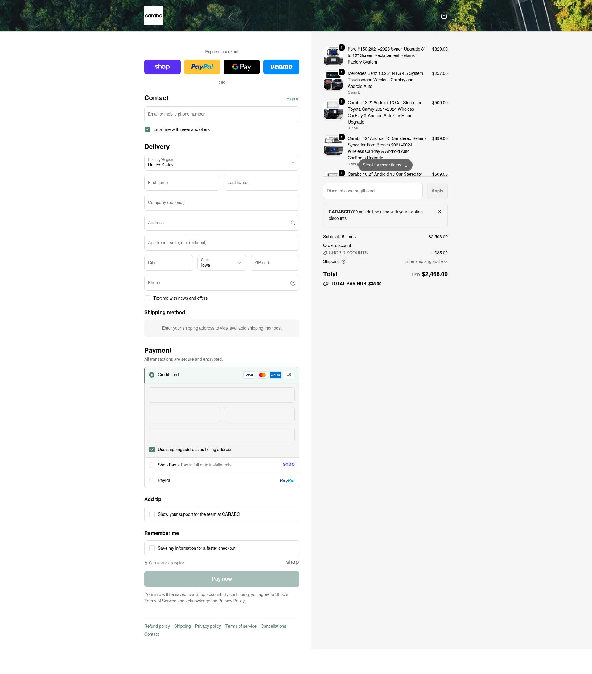 CARabc checkout page showing CARabc promo code box | Screenshot taken by SimplyCodes community member on Dec 28, 2025