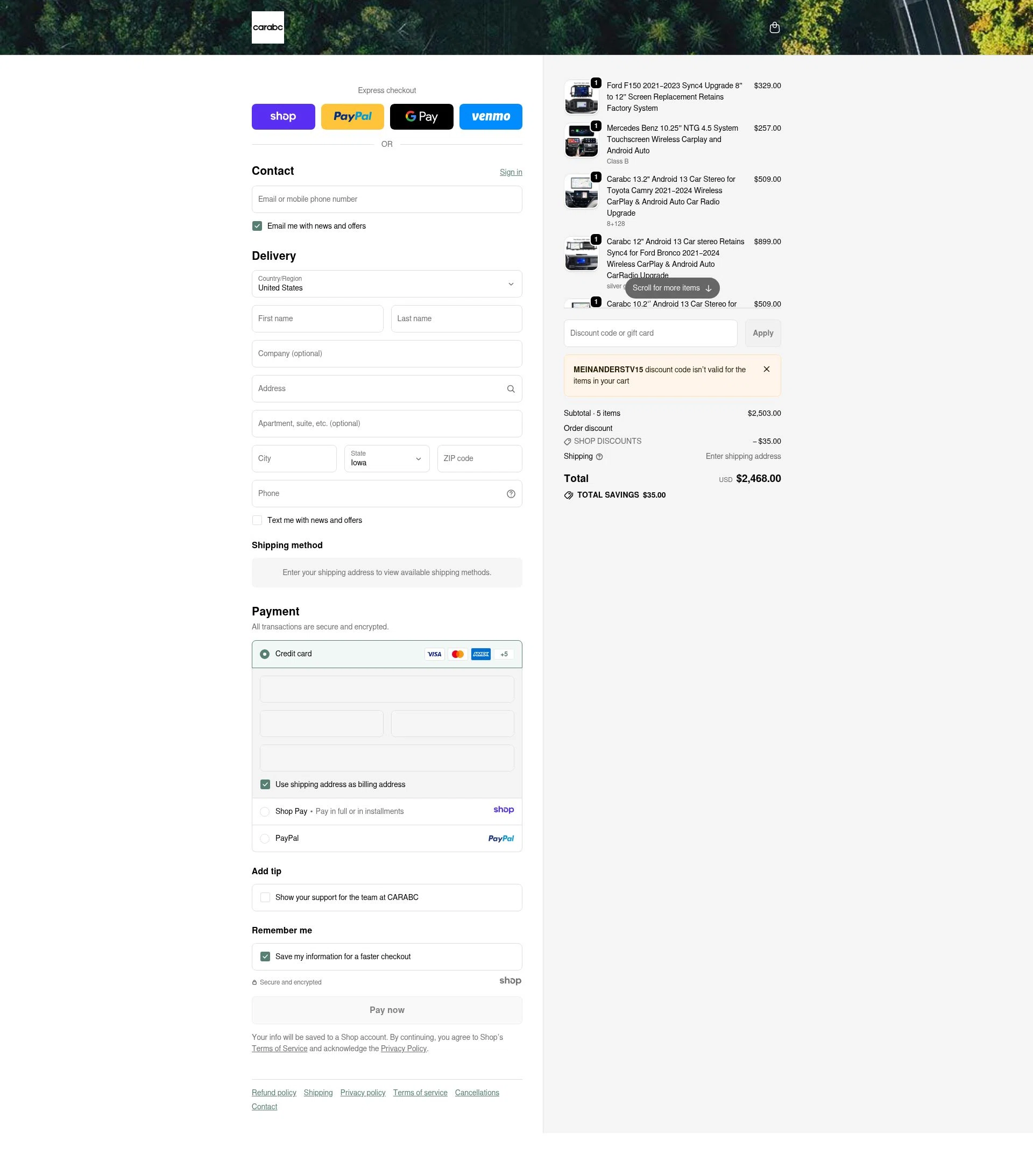 CARabc checkout page showing CARabc promo code box | Screenshot taken by SimplyCodes community member on Dec 28, 2025