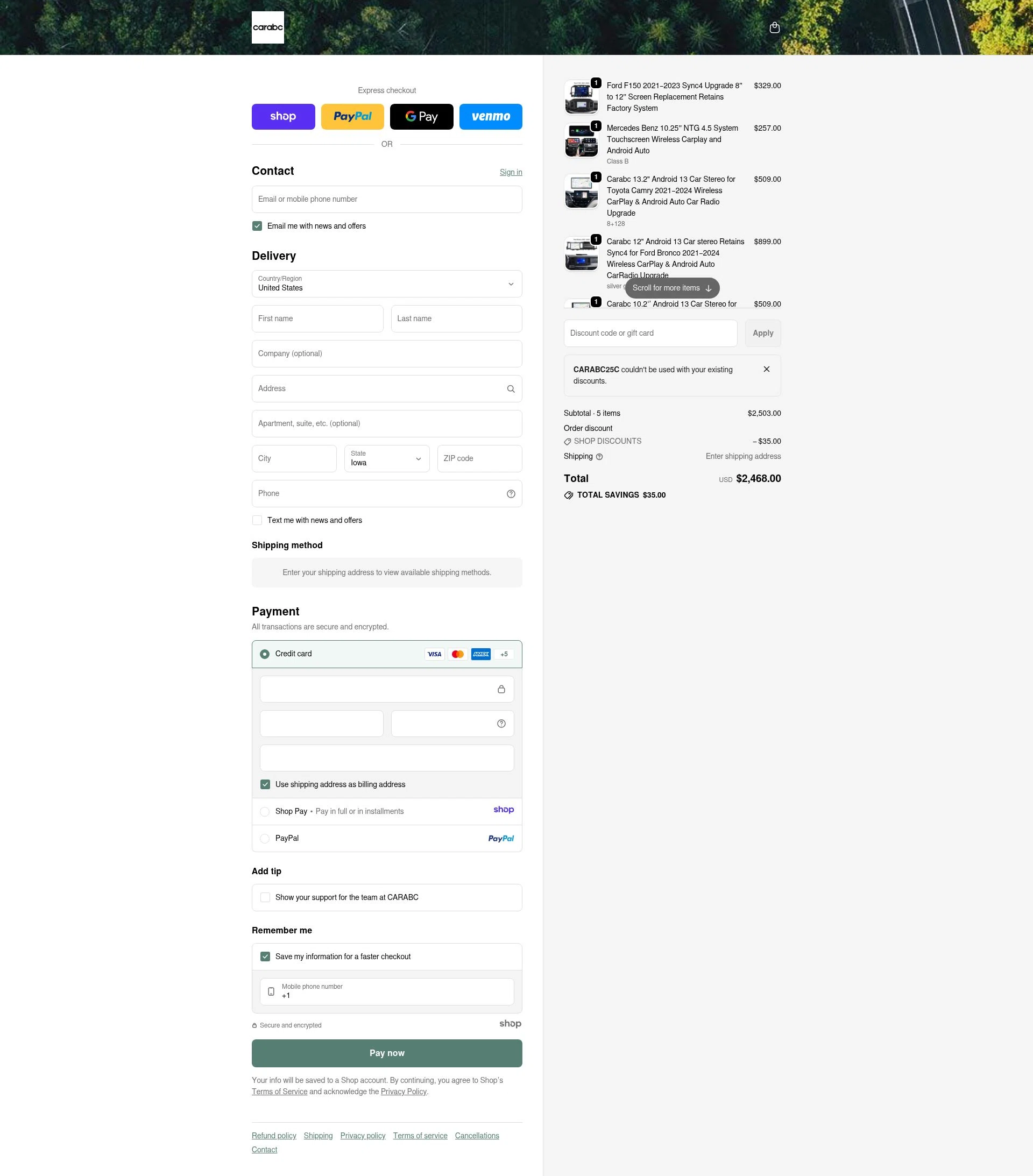 CARabc checkout page showing CARabc promo code box | Screenshot taken by SimplyCodes community member on Dec 28, 2025
