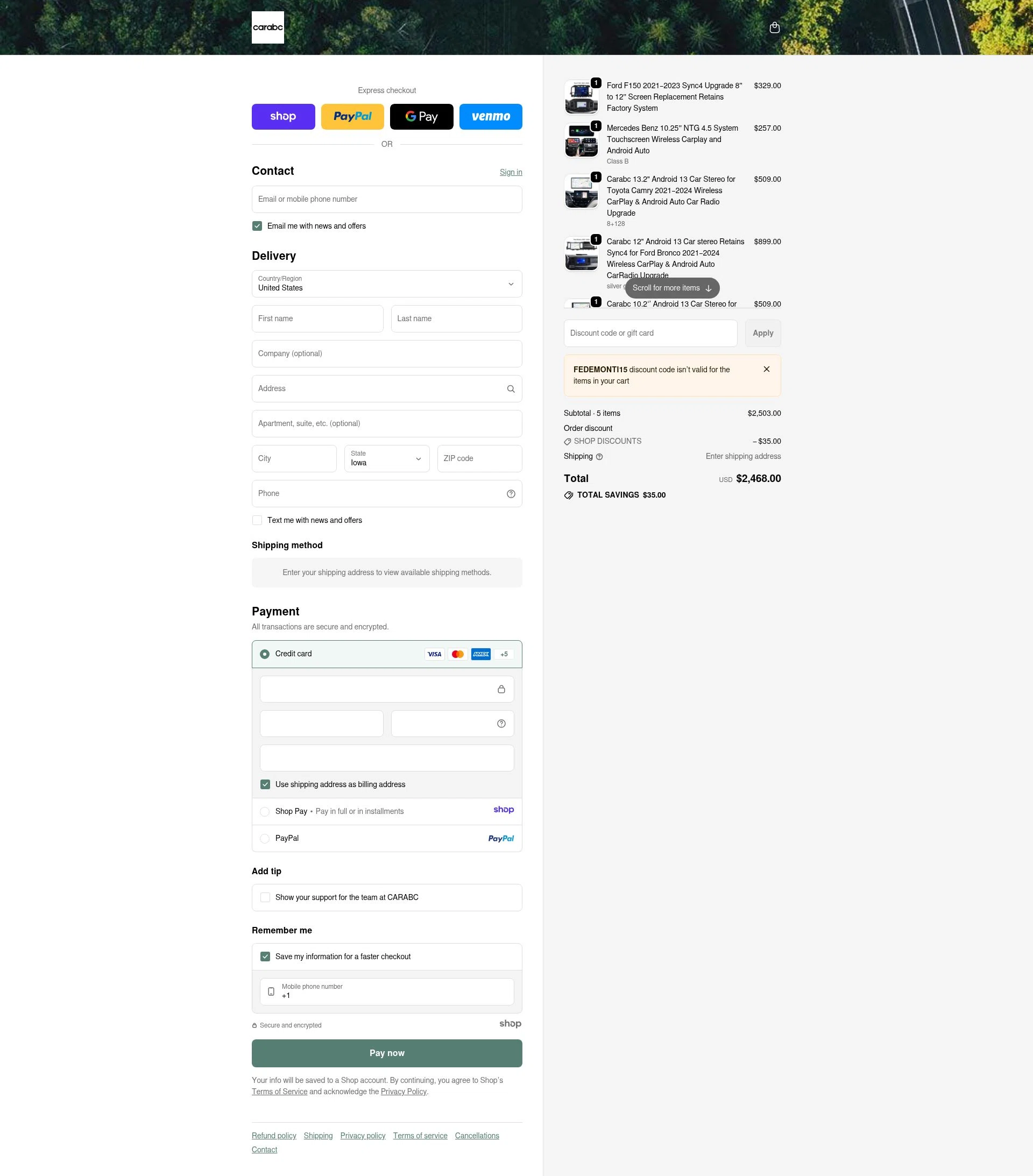 CARabc checkout page showing CARabc promo code box | Screenshot taken by SimplyCodes community member on Dec 28, 2025