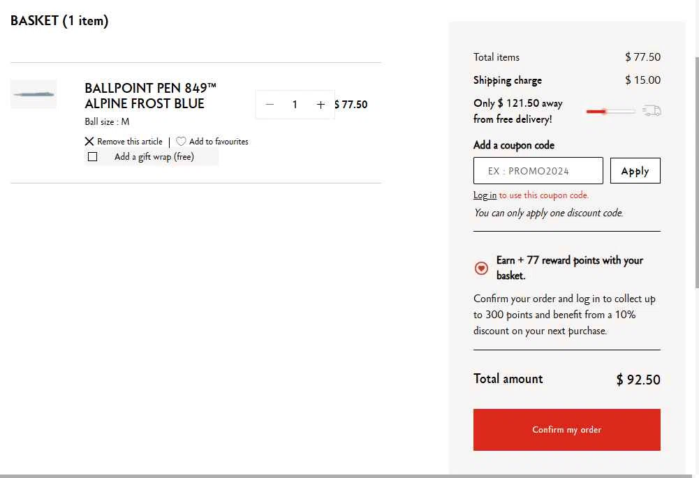 Caran d'Ache checkout page showing Caran d'Ache promo code box | Screenshot taken by SimplyCodes community member on Dec 29, 2025