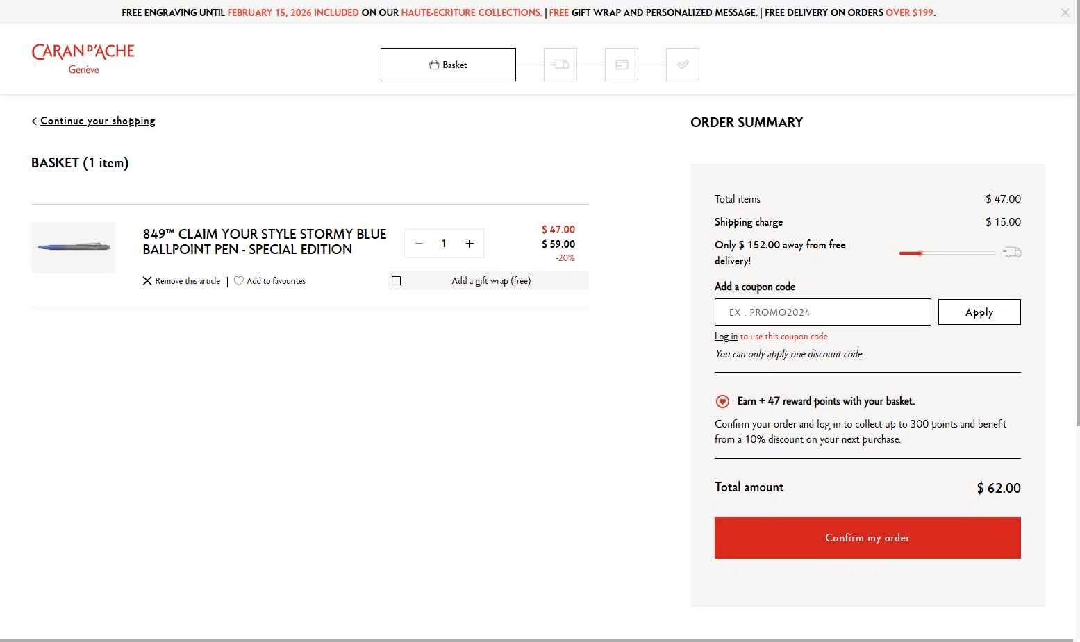 Caran d'Ache checkout page showing Caran d'Ache promo code box | Screenshot taken by SimplyCodes community member on Feb 2, 2026