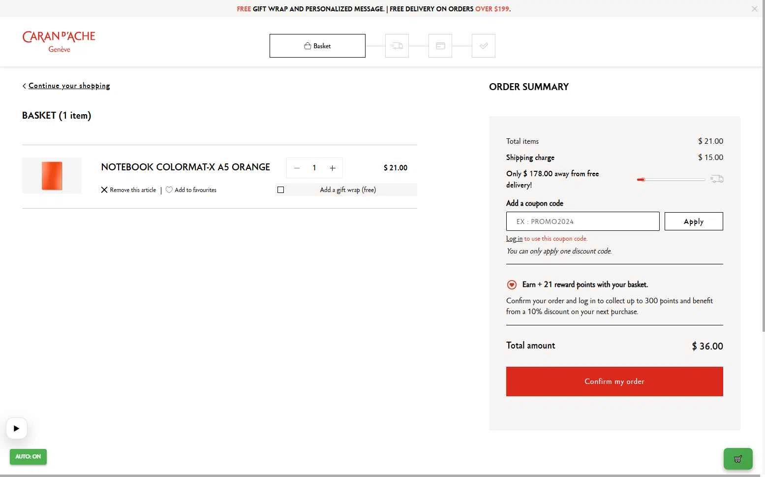 Caran d'Ache checkout page showing Caran d'Ache promo code box | Screenshot taken by SimplyCodes community member on Jan 16, 2026