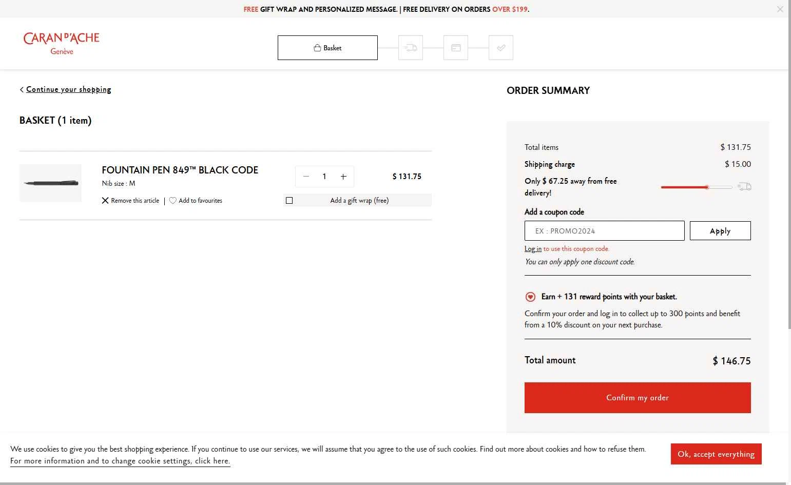 Caran d'Ache checkout page showing Caran d'Ache promo code box | Screenshot taken by SimplyCodes community member on Jan 10, 2026