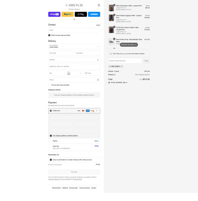 Carbon38 checkout page showing Carbon38 promo code box | Screenshot taken by SimplyCodes community member on Aug 23, 2025