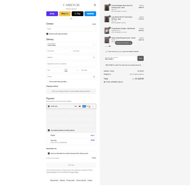 Carbon38 checkout page showing Carbon38 promo code box | Screenshot taken by SimplyCodes community member on Aug 31, 2025