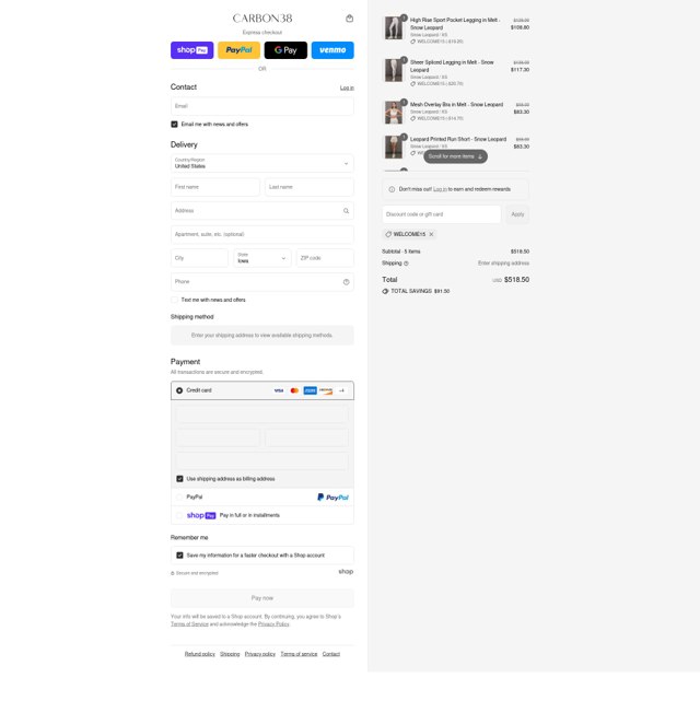 Carbon38 checkout page showing Carbon38 promo code box | Screenshot taken by SimplyCodes community member on Aug 1, 2025