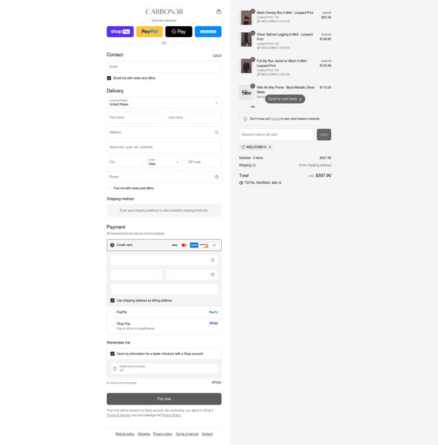 Carbon38 checkout page showing Carbon38 promo code box | Screenshot taken by SimplyCodes community member on Aug 17, 2025