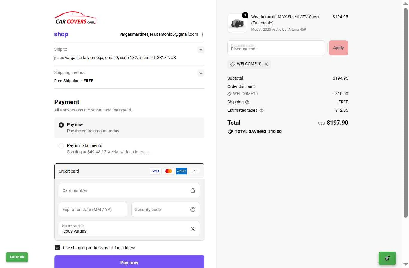 CarCovers.com checkout page showing CarCovers.com promo code box | Screenshot taken by SimplyCodes community member on Jan 1, 2026