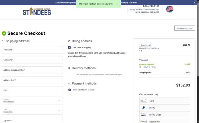 Cardboard Cutout Standees checkout page showing Cardboard Cutout Standees promo code box | Screenshot taken by SimplyCodes community member on Jul 16, 2025