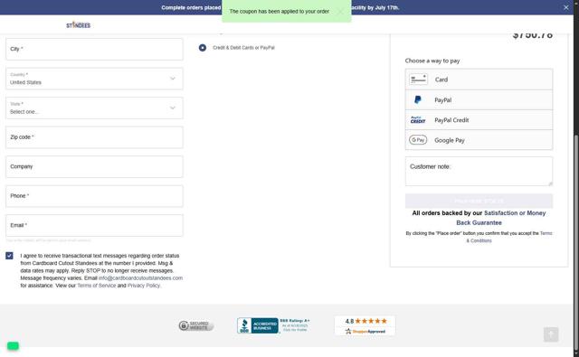 Cardboard Cutout Standees checkout page showing Cardboard Cutout Standees promo code box | Screenshot taken by SimplyCodes community member on Jul 16, 2025