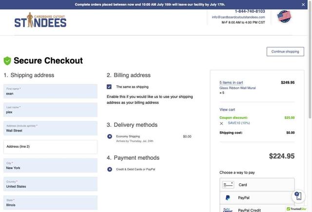 Cardboard Cutout Standees checkout page showing Cardboard Cutout Standees promo code box | Screenshot taken by SimplyCodes community member on Jul 16, 2025