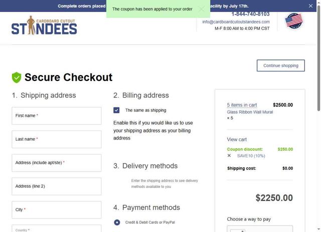 Cardboard Cutout Standees checkout page showing Cardboard Cutout Standees promo code box | Screenshot taken by SimplyCodes community member on Jul 16, 2025