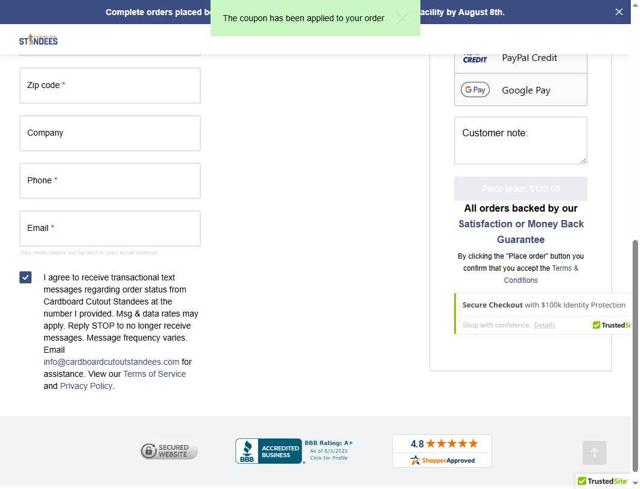Cardboard Cutout Standees checkout page showing Cardboard Cutout Standees promo code box | Screenshot taken by SimplyCodes community member on Aug 7, 2025