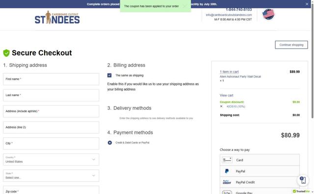 Cardboard Cutout Standees checkout page showing Cardboard Cutout Standees promo code box | Screenshot taken by SimplyCodes community member on Jul 28, 2025