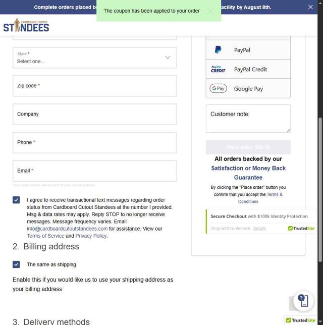 Cardboard Cutout Standees checkout page showing Cardboard Cutout Standees promo code box | Screenshot taken by SimplyCodes community member on Aug 7, 2025