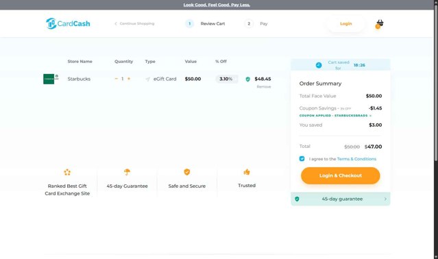 Card Cash checkout page showing Card Cash promo code box | Screenshot taken by SimplyCodes community member on Aug 1, 2025