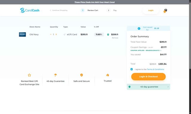 Card Cash checkout page showing Card Cash promo code box | Screenshot taken by SimplyCodes community member on Aug 20, 2025