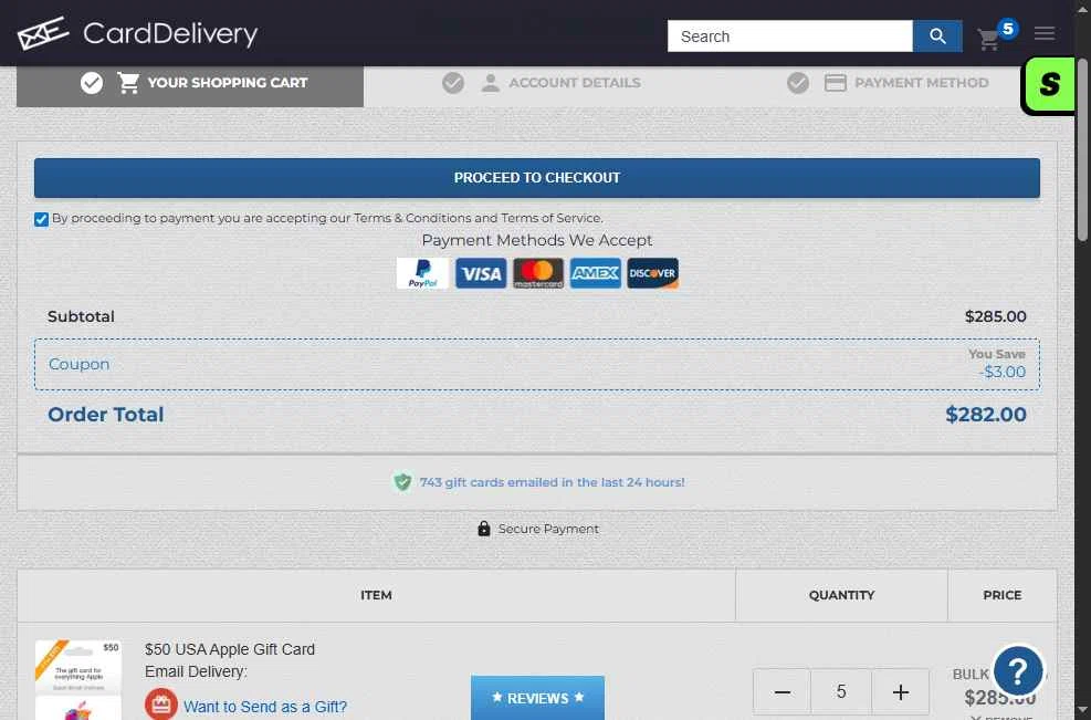 CardDelivery checkout page showing CardDelivery coupon code box | Screenshot taken by SimplyCodes community member on Jan 9, 2026