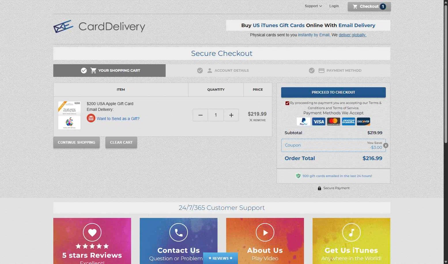 CardDelivery checkout page showing CardDelivery coupon code box | Screenshot taken by SimplyCodes community member on Jan 31, 2026