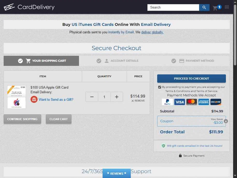 CardDelivery checkout page showing CardDelivery coupon code box | Screenshot taken by SimplyCodes community member on Jan 31, 2026