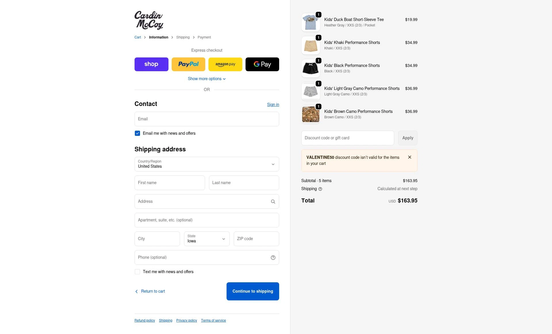 Cardin McCoy checkout page showing Cardin McCoy discount code box | Screenshot taken by SimplyCodes community member on Feb 13, 2026