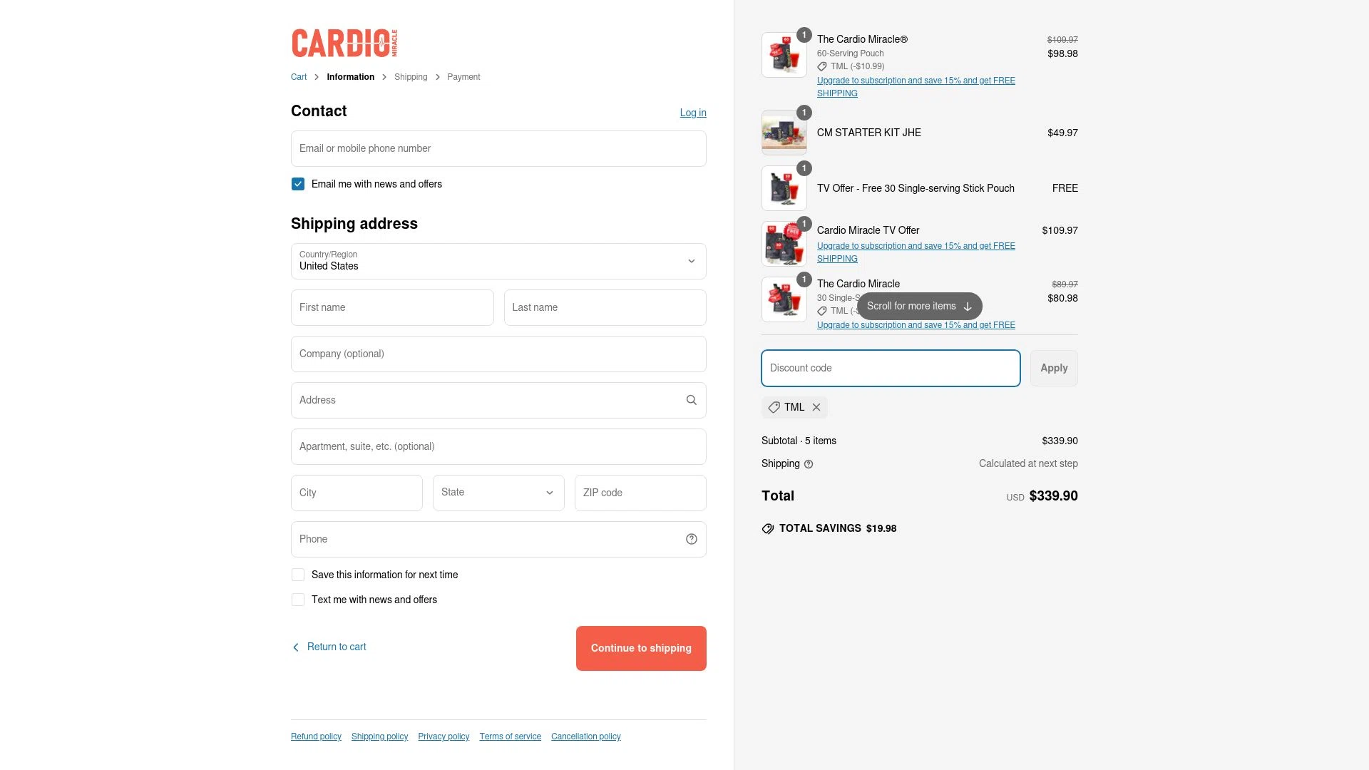 CardioMiracle checkout page showing CardioMiracle promo code box | Screenshot taken by SimplyCodes community member on Mar 31, 2025