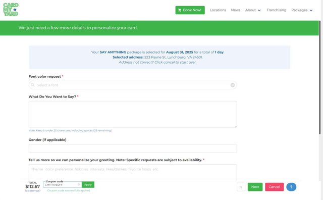 Card My Yard checkout page showing Card My Yard coupon code box | Screenshot taken by SimplyCodes community member on Jul 25, 2025