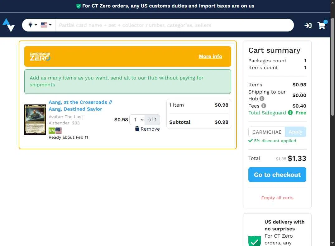 CardTrader checkout page showing CardTrader coupon code box | Screenshot taken by SimplyCodes community member on Jan 25, 2026