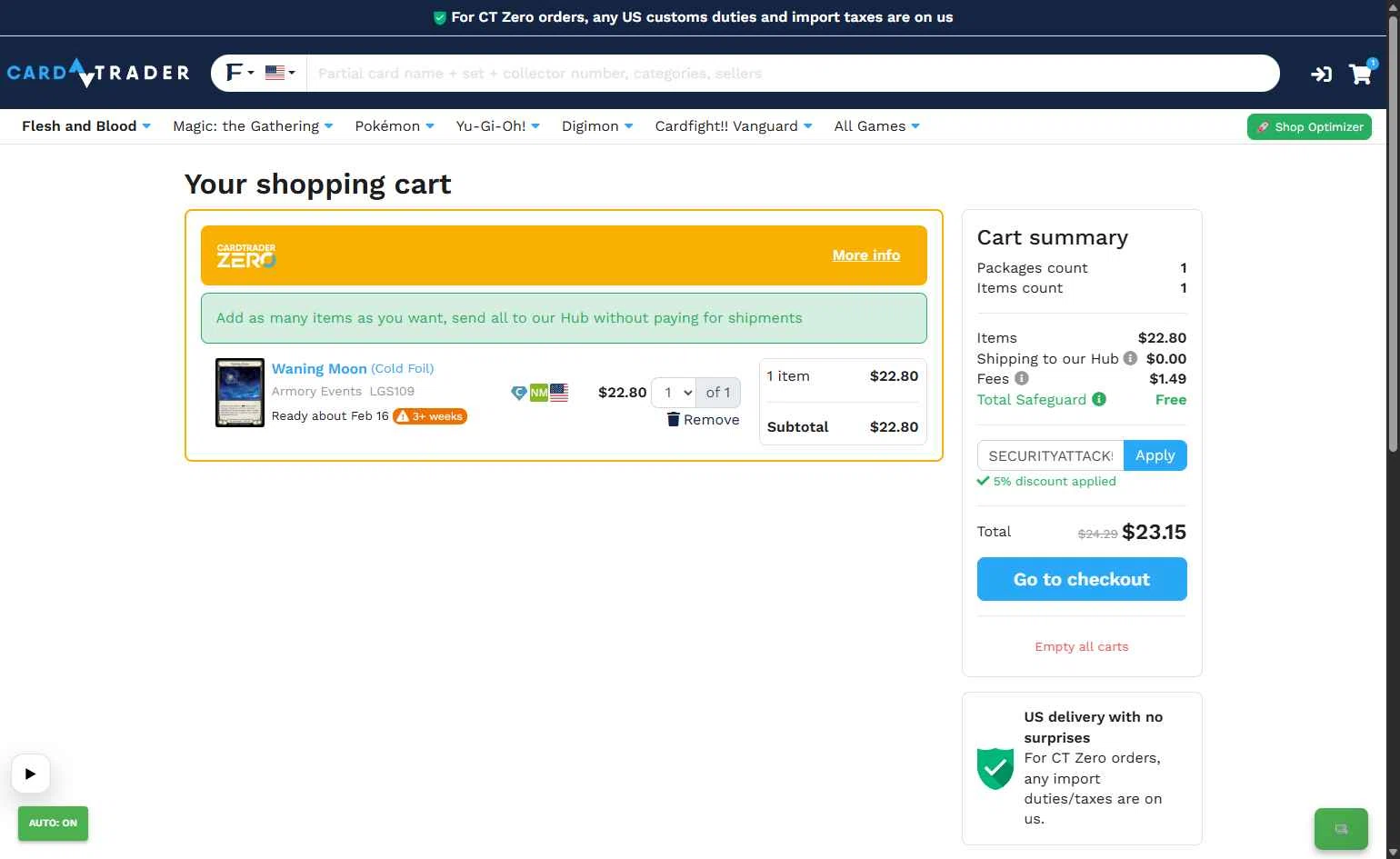 CardTrader checkout page showing CardTrader coupon code box | Screenshot taken by SimplyCodes community member on Jan 25, 2026