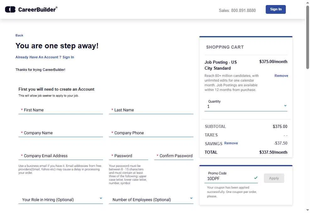 CareerBuilder checkout page showing CareerBuilder promo code box | Screenshot taken by SimplyCodes community member on May 16, 2025