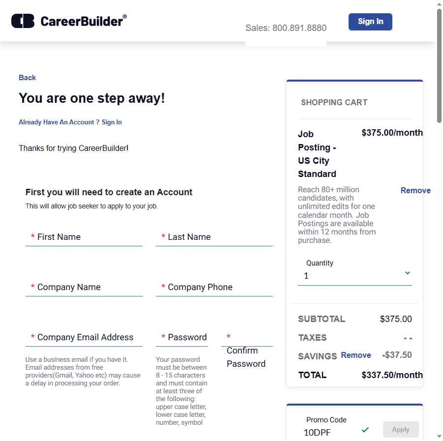 CareerBuilder checkout page showing CareerBuilder promo code box | Screenshot taken by SimplyCodes community member on Dec 2, 2025