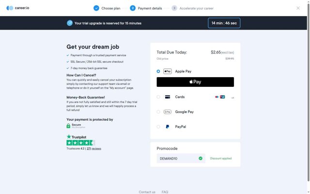 Career.io checkout page showing Career.io promo code box | Screenshot taken by SimplyCodes community member on Jul 10, 2025