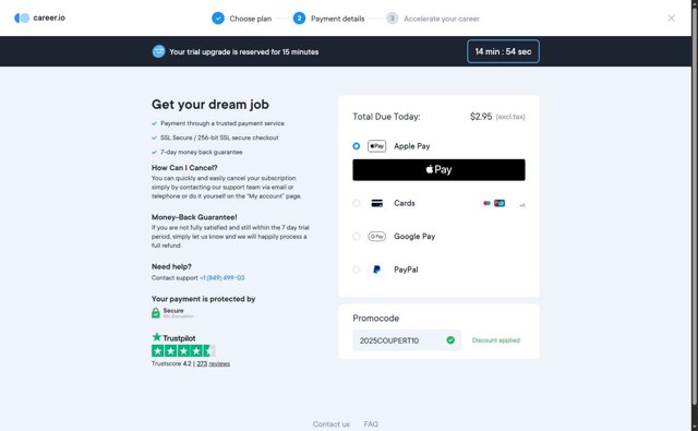 Career.io checkout page showing Career.io promo code box | Screenshot taken by SimplyCodes community member on Aug 11, 2025