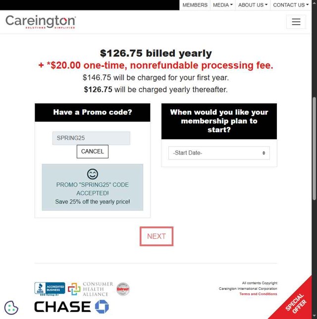 Careington Dental checkout page showing Careington Dental promo code box | Screenshot taken by SimplyCodes community member on Jun 1, 2025