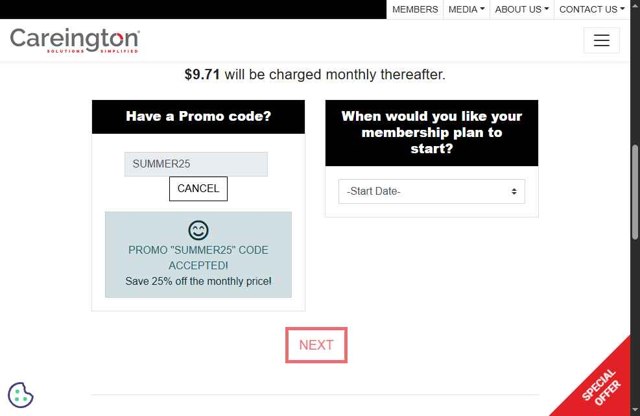 Careington Dental checkout page showing Careington Dental promo code box | Screenshot taken by SimplyCodes community member on Jun 25, 2025