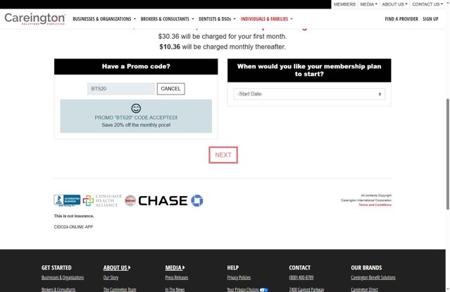Careington Dental checkout page showing Careington Dental promo code box | Screenshot taken by SimplyCodes community member on Sep 3, 2025