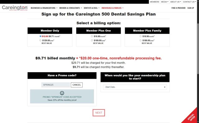 Careington Dental checkout page showing Careington Dental promo code box | Screenshot taken by SimplyCodes community member on May 3, 2025