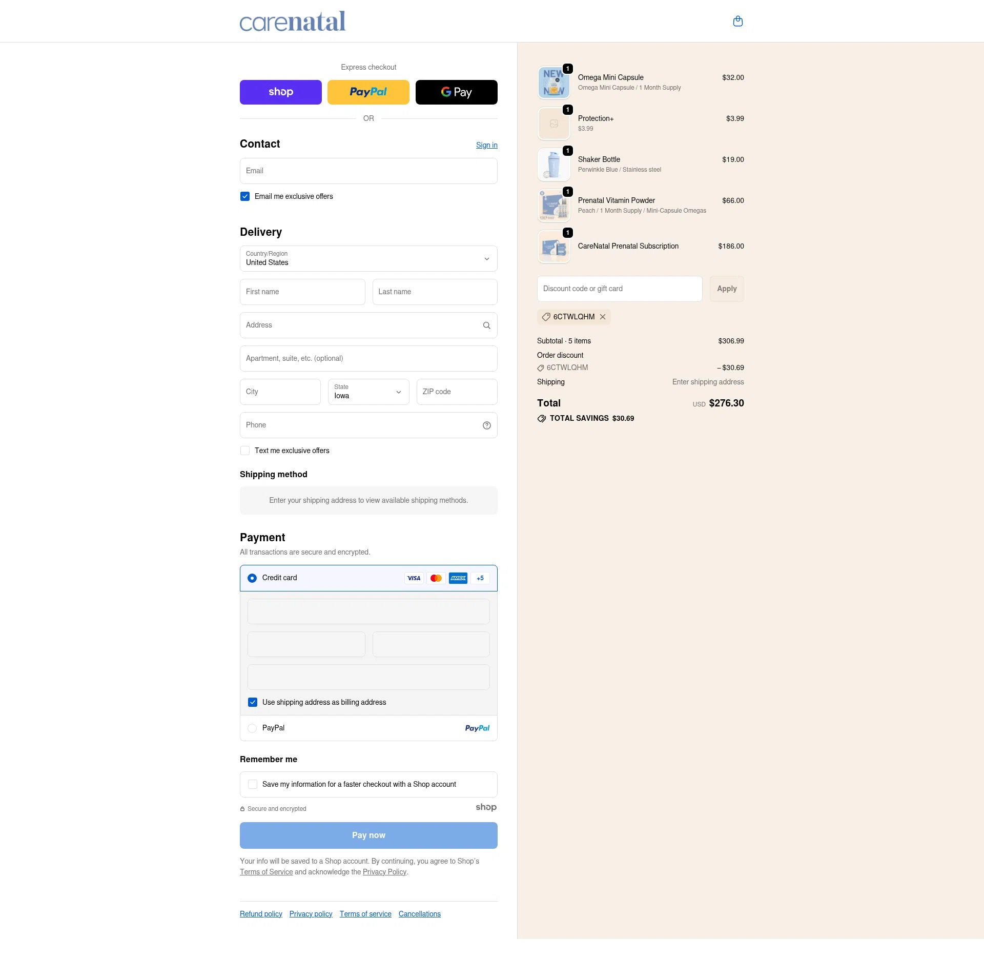 CareNatal checkout page showing CareNatal promo code box | Screenshot taken by SimplyCodes community member on Nov 24, 2025