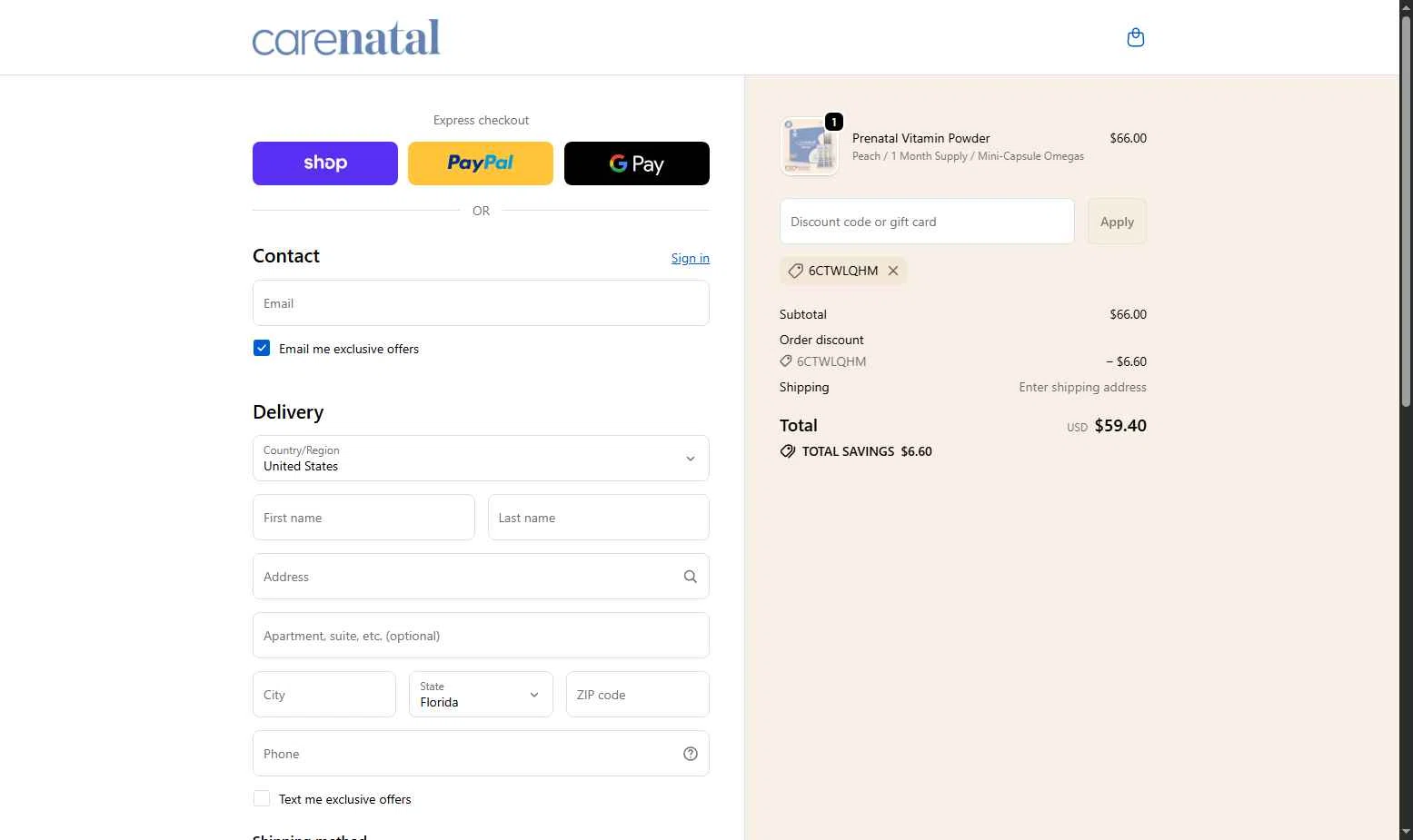 CareNatal checkout page showing CareNatal promo code box | Screenshot taken by SimplyCodes community member on Nov 19, 2025