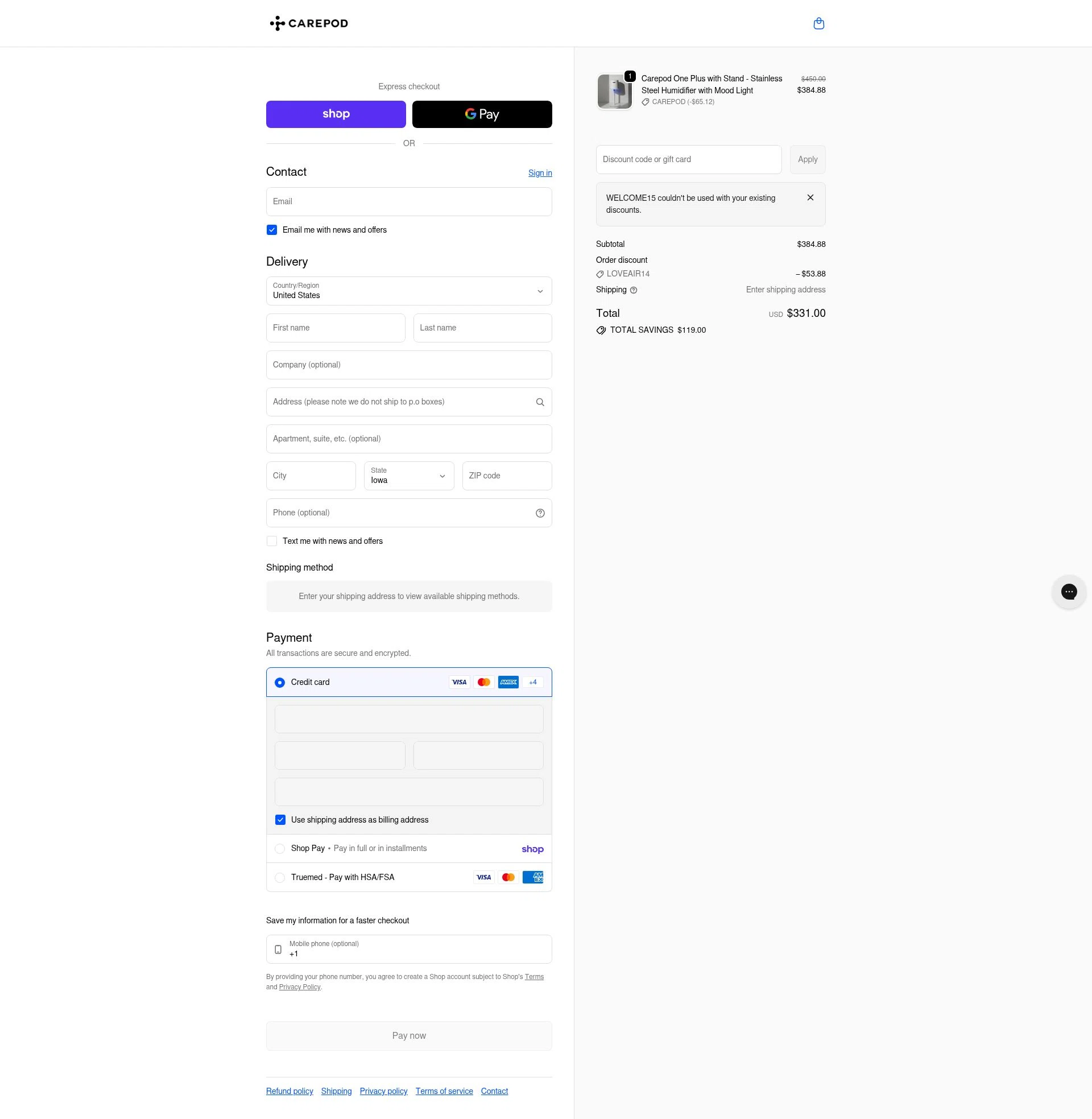 Carepod checkout page showing Carepod discount code box | Screenshot taken by SimplyCodes community member on Feb 5, 2026
